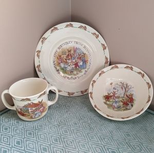 Vintage Bunnykins Royal Doulton Birthday Plate, Windy Day Bowl & Playhouse Cup